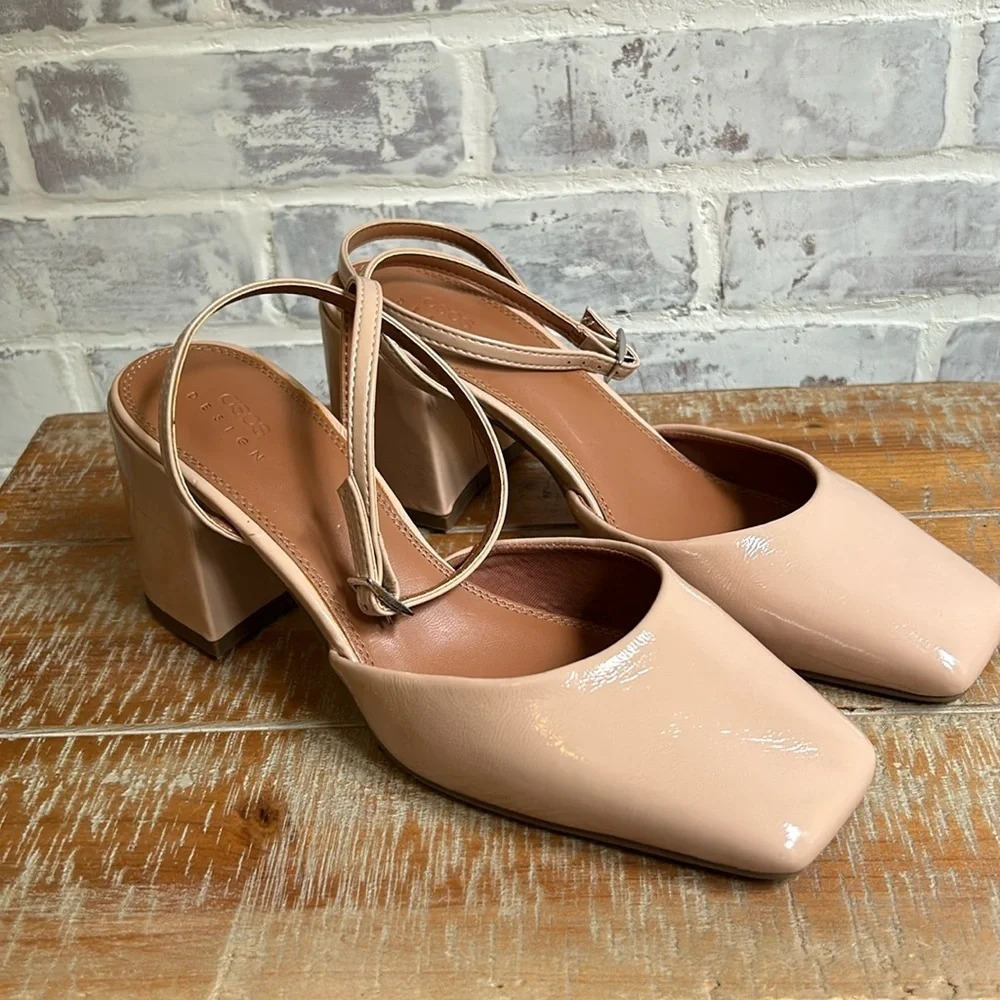 ASOS Nude Patent Block Heel Slingback Pumps
